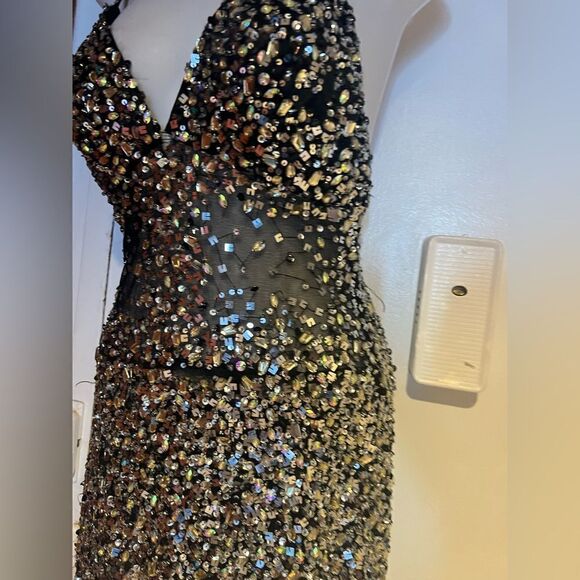 Sequence short prom dress evening event dress sequin beaded lace see thru dress - Picture 2 of 11